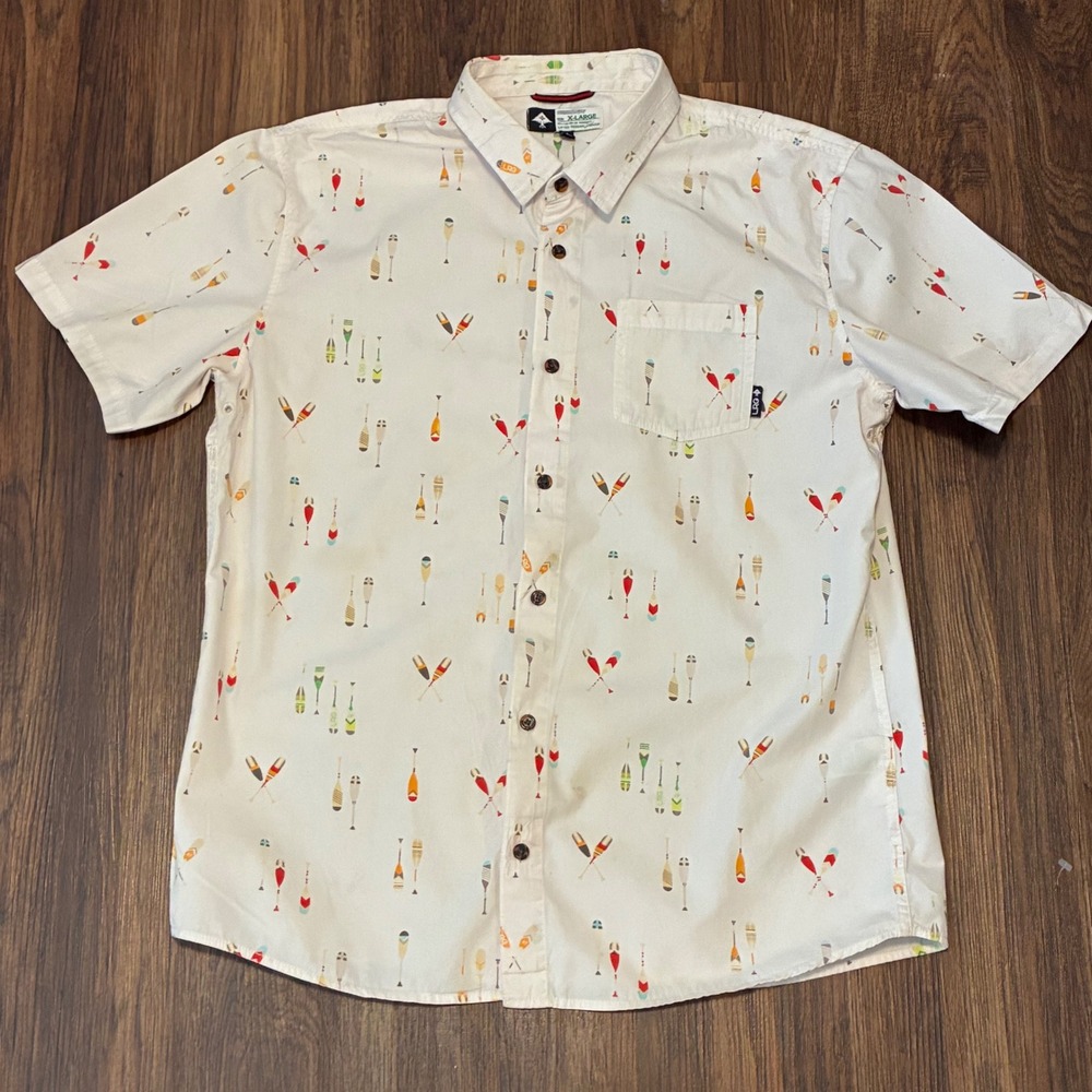 LRG Paddle Print Button Down Shirt Mens XL White Short Sleeve Oar